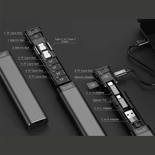 Budi 9 in 1 Multi-functional Cable Stick Type C to USB C Charging Cable for iPhone SIM TF Card Slot Storage Box TF Memery