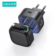 USAMS USB GaN Charger 35W Type C PD Fast Phone Charger Built in Quick Charge Cable EU Plug for iPhone 15  Pro Max Xiaomi Samsung