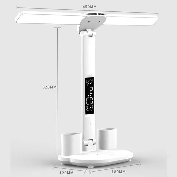 LED Clock Table Lamp USB Chargeable Dimmable Desk Lamp 2 Heads 180 Rotate Foldable Eye Protection Reading Night Light