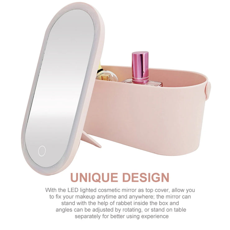 Lighted Makeup Vanity Mirror With Makeup Storage Case Rechargeable LED Light Desktop Makeup Mirror Portable Makeup Beauty Box